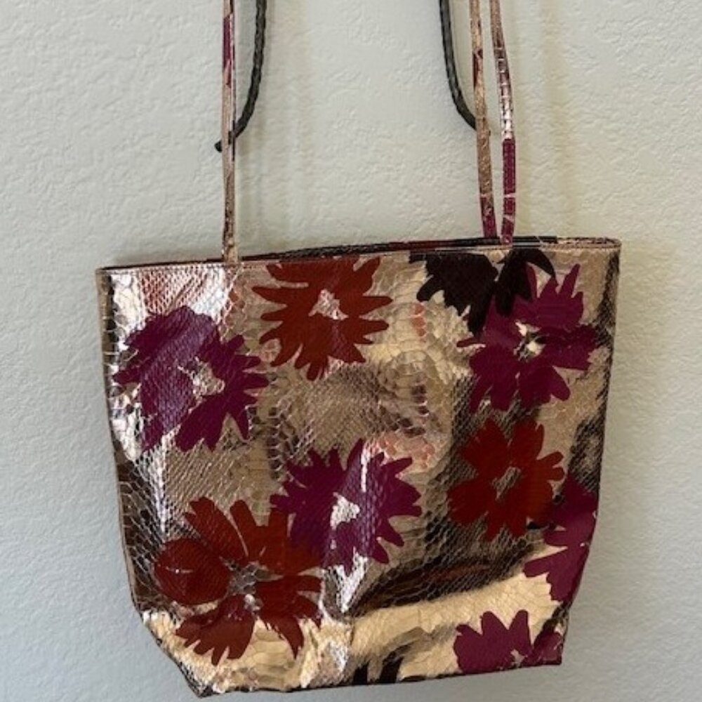 CARLOS FALCHI Gold Metallic Floral Snakeskin Print Tote BAG - Picture 6 of 12